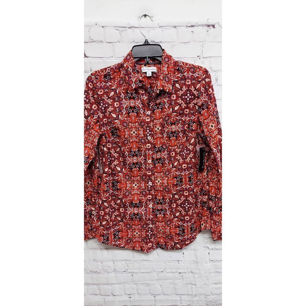 Kim Rogers Womens Red Floral Print  Roll Tab Sleeves Button Down Shirt S NWT